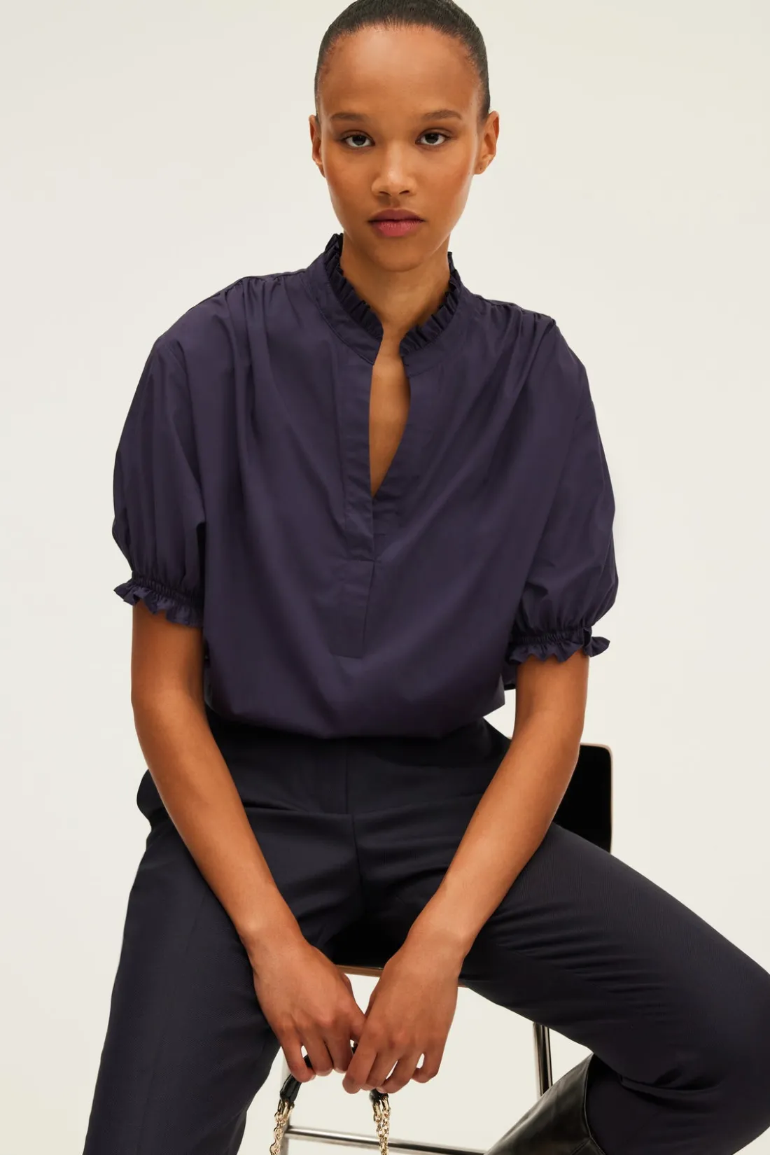 Pablo Blouse en coton à col montant BleuNuit Cheap