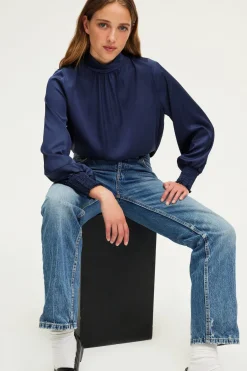 Pablo Blouse en satin à col montant - BERYLL Marine Online